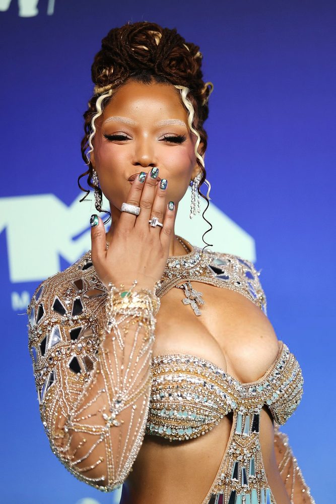 Chloe Bailey Sheer Beaded Cleavage Mirror Gown Vmas