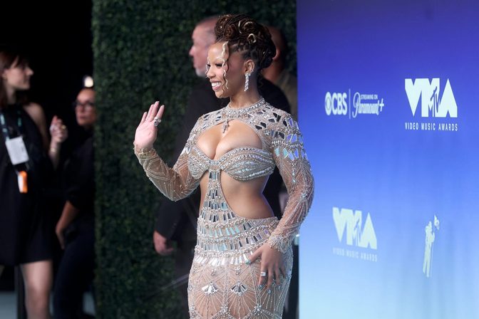 Chloe Bailey Sheer Beaded Cleavage Mirror Gown Vmas