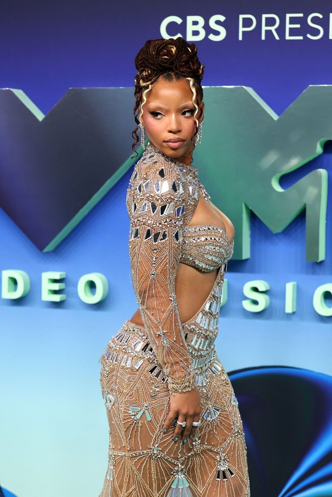 Chloe Bailey Sheer Beaded Cleavage Mirror Gown Vmas