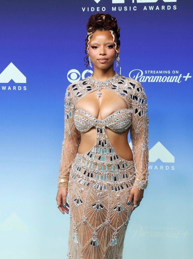 Chloe Bailey Sheer Beaded Cleavage Mirror Gown Vmas 032
