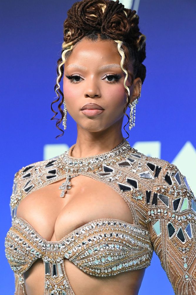 Chloe Bailey Sheer Beaded Cleavage Mirror Gown Vmas