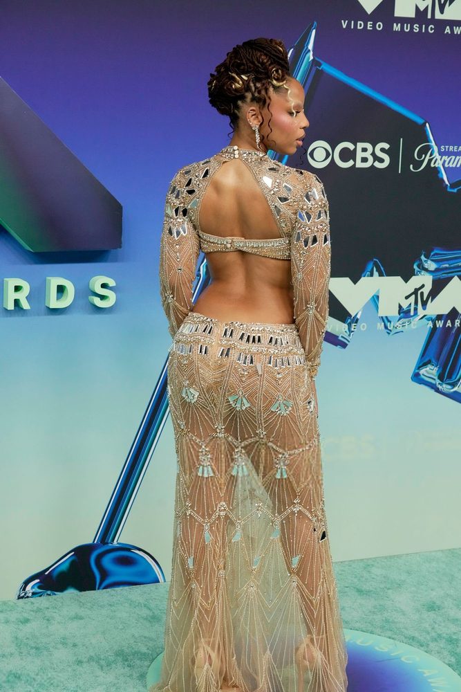 Chloe Bailey Sheer Beaded Cleavage Mirror Gown Vmas
