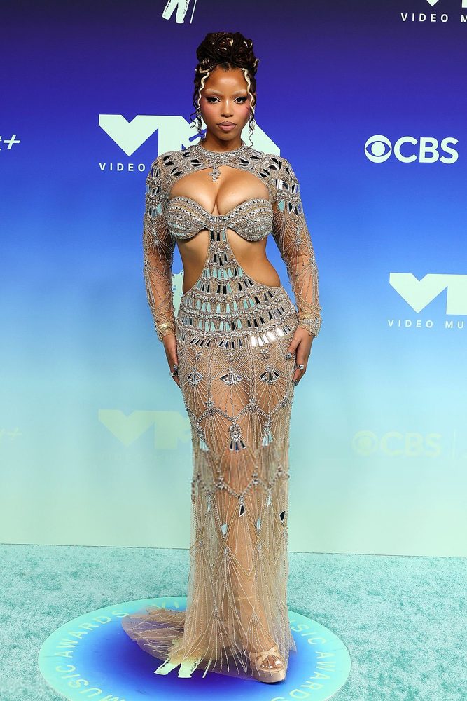 Chloe Bailey Sheer Beaded Cleavage Mirror Gown Vmas