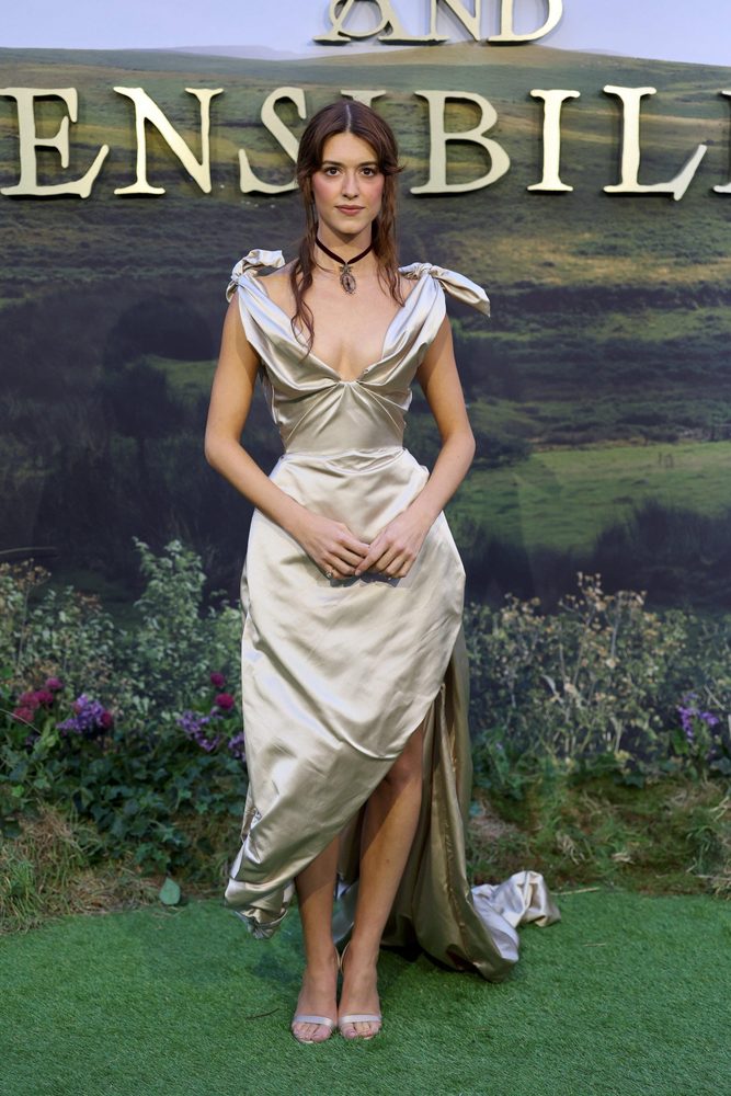 Daisy Edgar Jones Cream Satin Plunge Cleavage Sense Sensibility Premiere