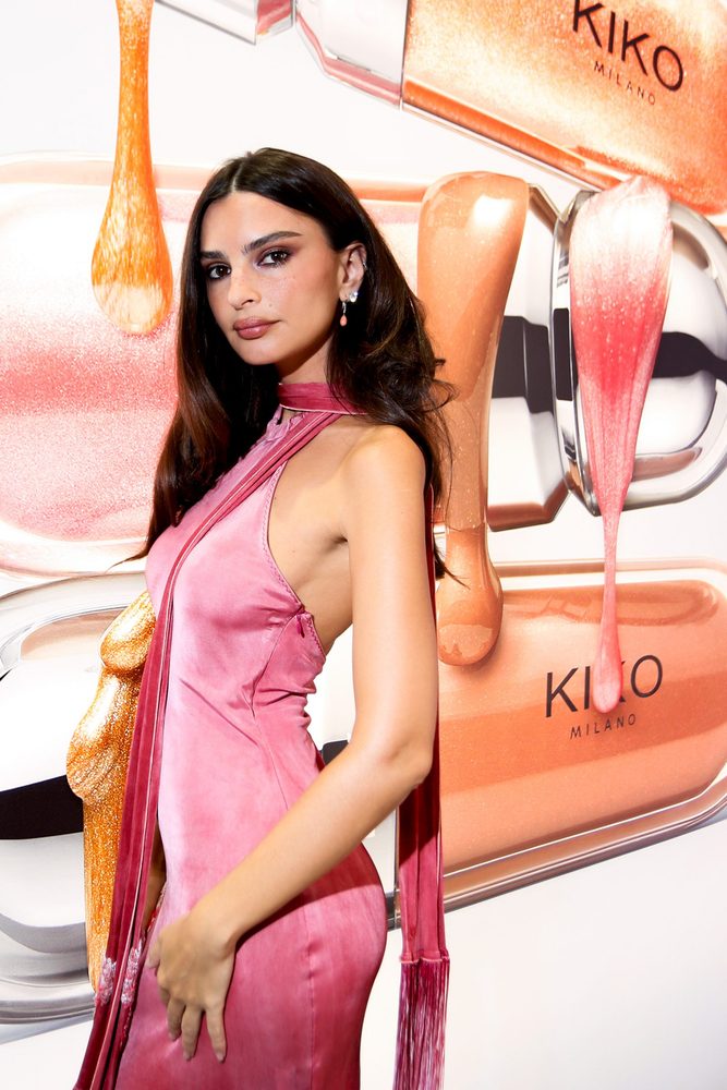 Emily Ratajkowski Busty Pink Satin Dress Kiko Milano