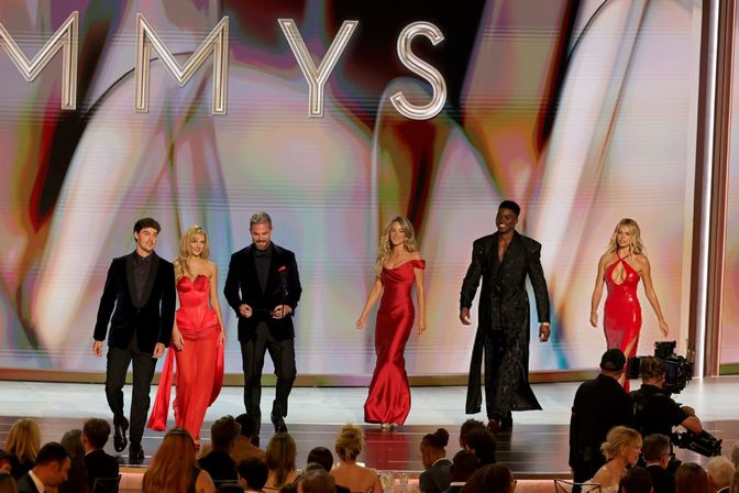 Hassie Harrison Deep Cleavage Red Satin Dress Emmys
