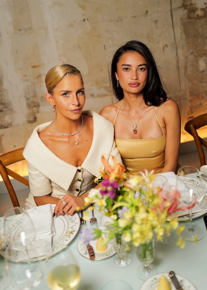 Kelsey Merritt Yellow Satin Gown Cleavage Curves Tiffany Paris Dinner