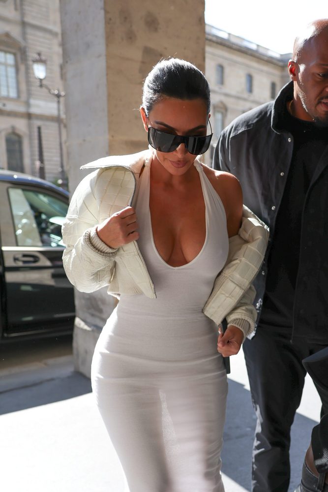 Kim Kardashian Braless White Dress Huge Breasts Cleavage Paris