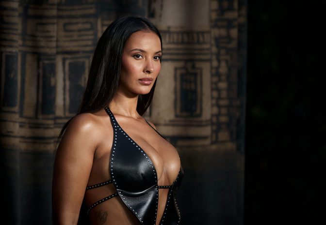 Maya Jama Boobs Cleavage Leather Cutout Dress