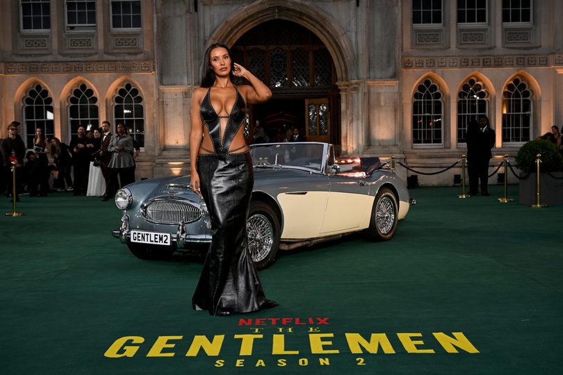 Maya Jama Boobs Cleavage Leather Cutout Dress