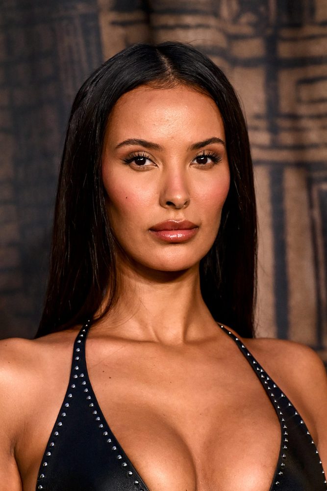 Maya Jama Boobs Cleavage Leather Cutout Dress
