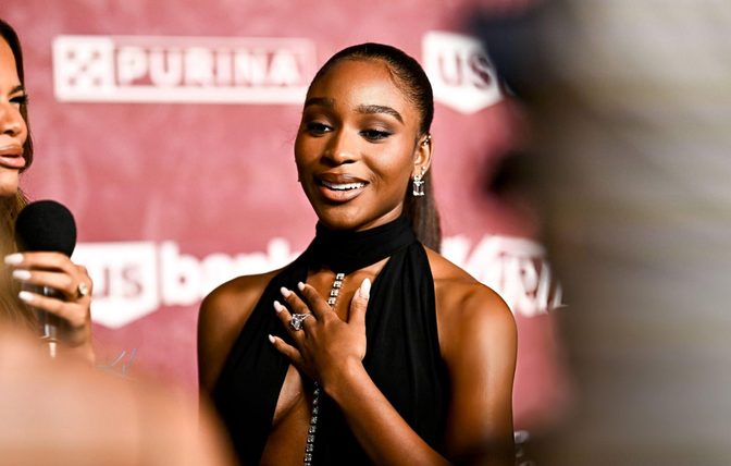 Normani Braless Black Gown Cleavage Leggy Slit Red Carpet
