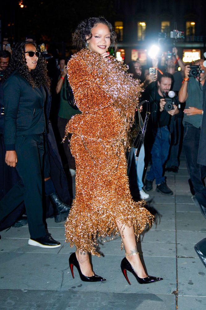 Rihanna Big Cleavage Black Bra Copper Metallic Fringe Suit