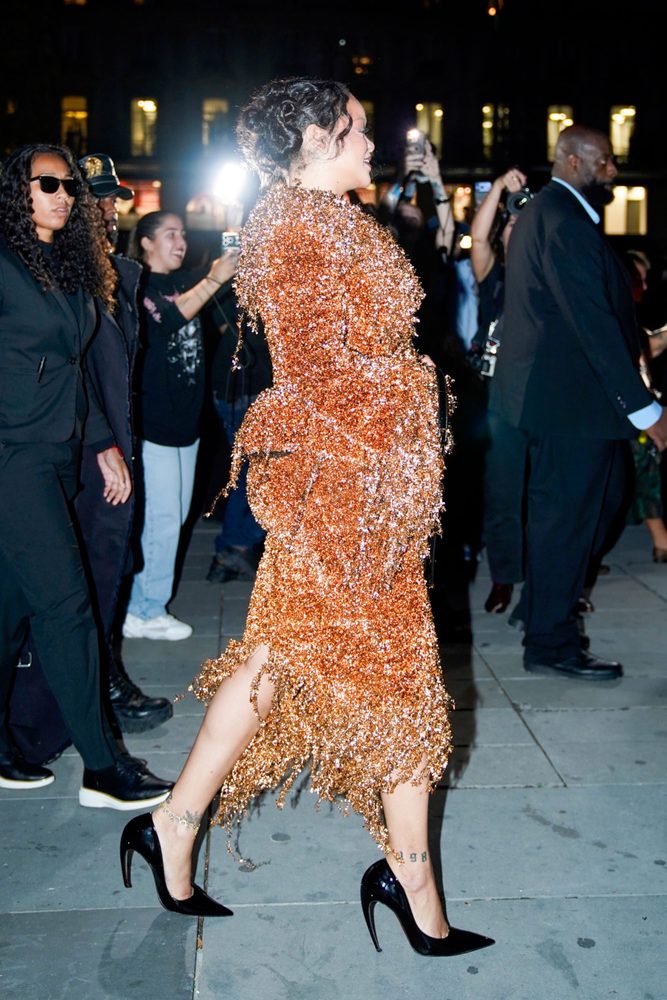 Rihanna Big Cleavage Black Bra Copper Metallic Fringe Suit