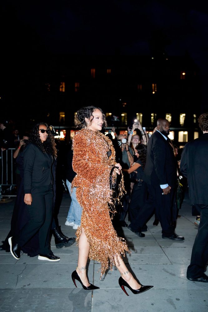 Rihanna Big Cleavage Black Bra Copper Metallic Fringe Suit