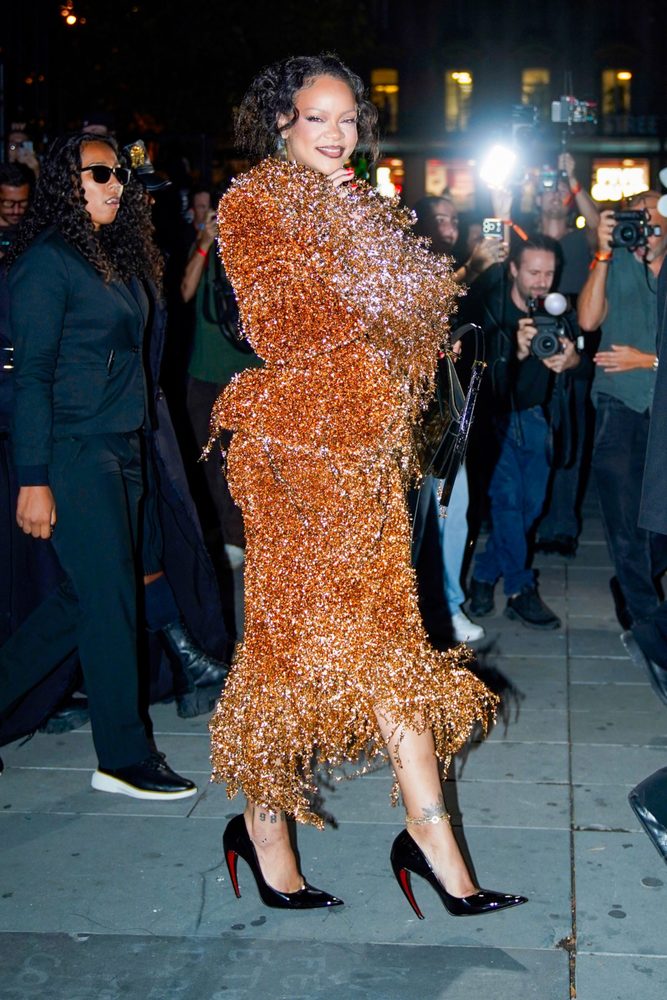 Rihanna Big Cleavage Black Bra Copper Metallic Fringe Suit