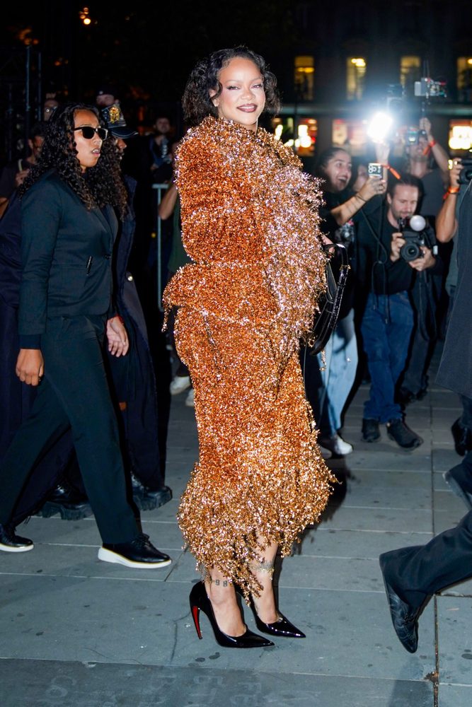 Rihanna Big Cleavage Black Bra Copper Metallic Fringe Suit