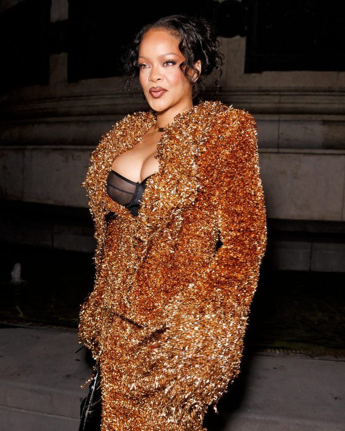 Rihanna Big Cleavage Black Bra Copper Metallic Fringe Suit