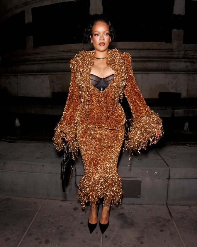 Rihanna Big Cleavage Black Bra Copper Metallic Fringe Suit