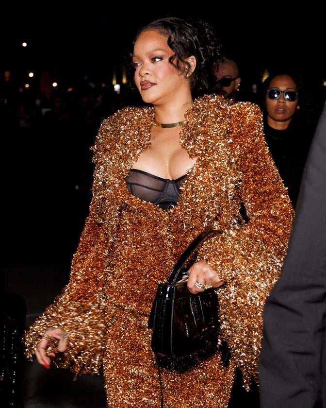 Rihanna Big Cleavage Black Bra Copper Metallic Fringe Suit