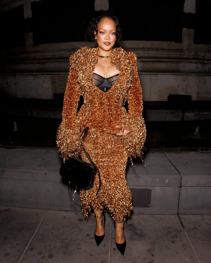 Rihanna Big Cleavage Black Bra Copper Metallic Fringe Suit