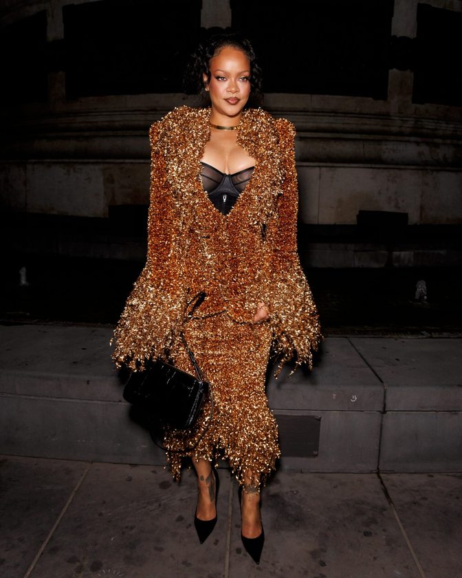 Rihanna Big Cleavage Black Bra Copper Metallic Fringe Suit