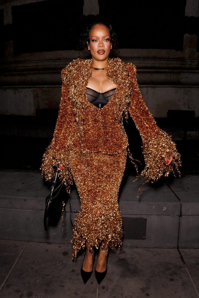 Rihanna Big Cleavage Black Bra Copper Metallic Fringe Suit