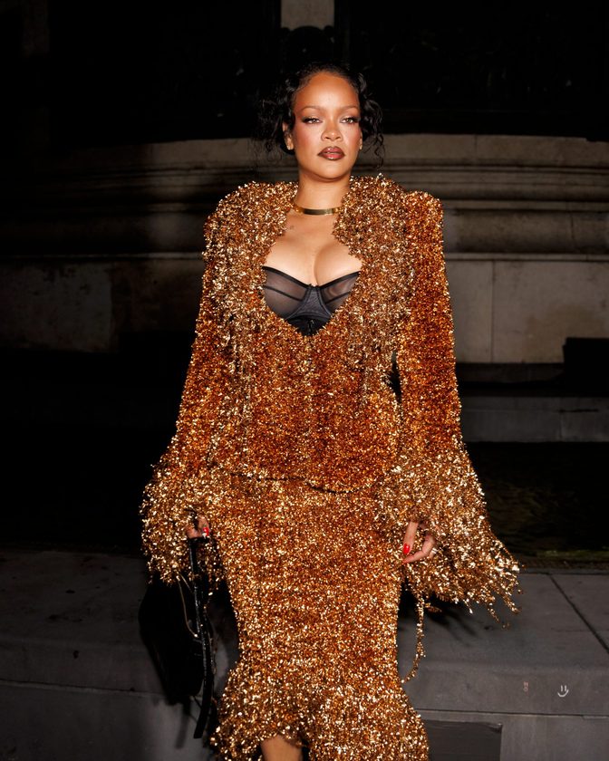 Rihanna Big Cleavage Black Bra Copper Metallic Fringe Suit