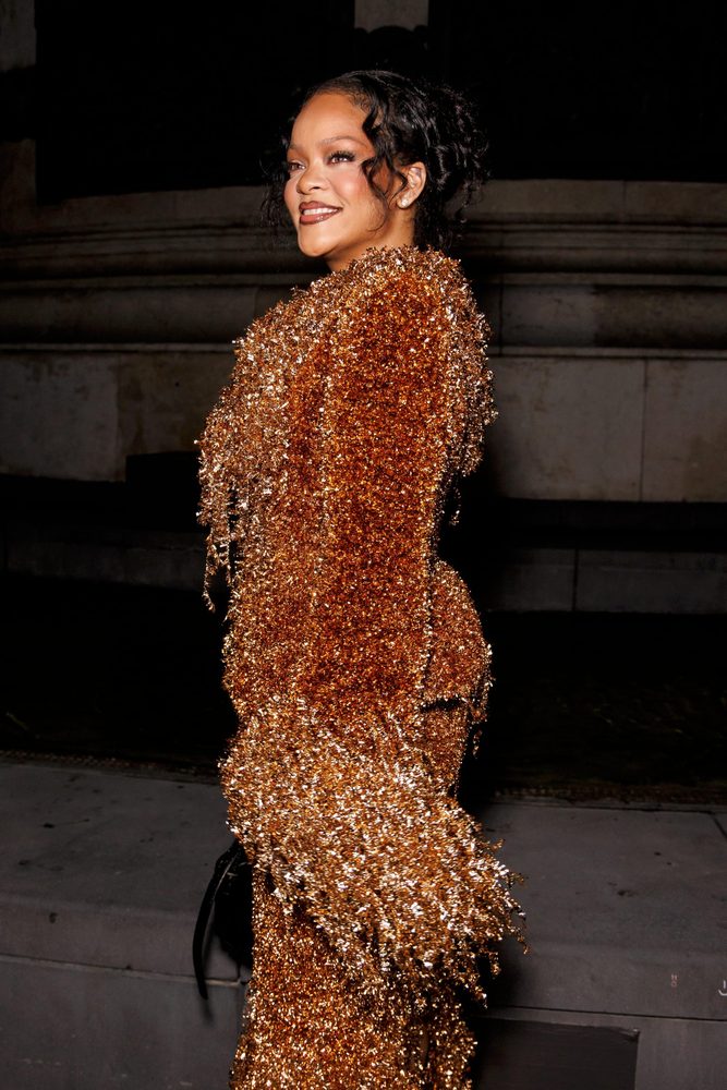 Rihanna Big Cleavage Black Bra Copper Metallic Fringe Suit