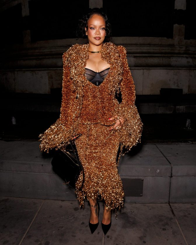 Rihanna Big Cleavage Black Bra Copper Metallic Fringe Suit