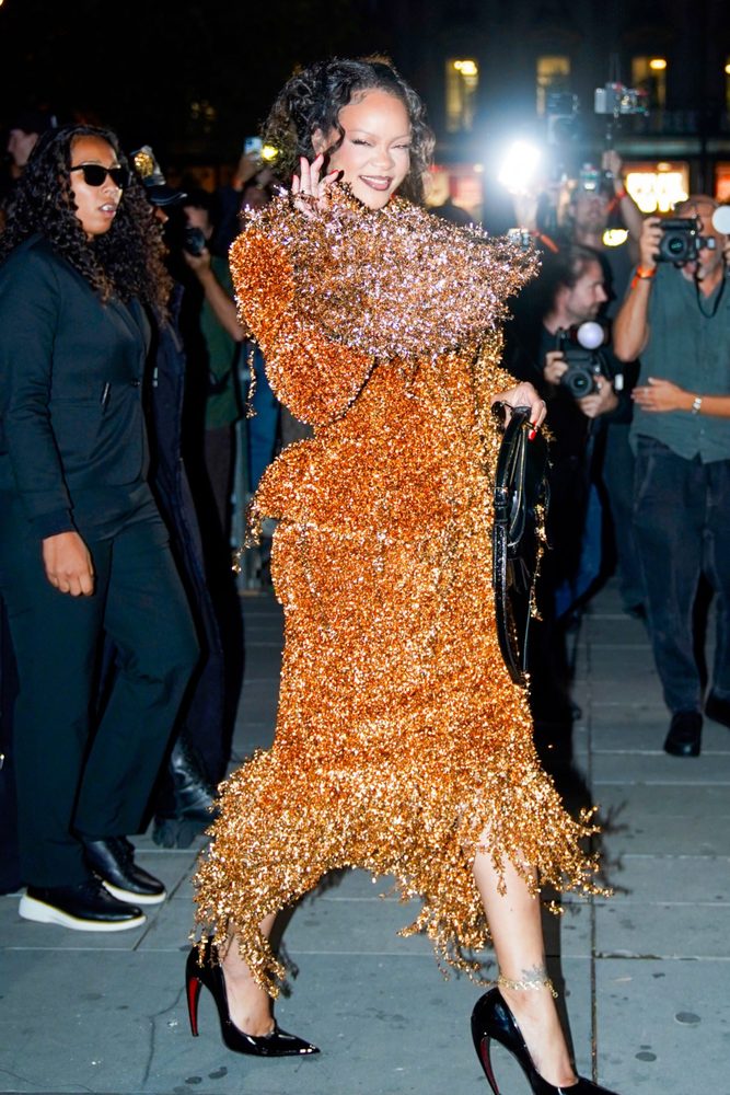 Rihanna Big Cleavage Black Bra Copper Metallic Fringe Suit