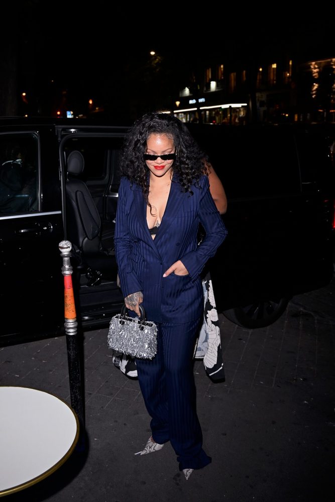 Rihanna Plunging Navy Pinstripe Suit Cleavage Paris Cesar