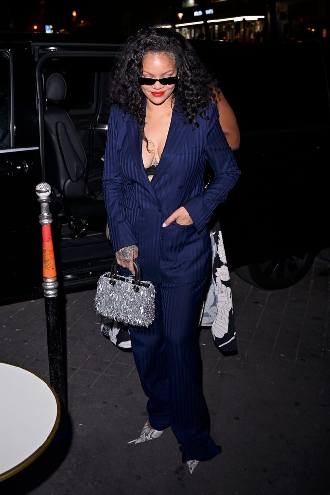 Rihanna Plunging Navy Pinstripe Suit Cleavage Paris Cesar