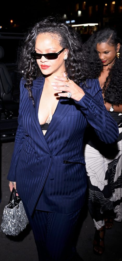 Rihanna Plunging Navy Pinstripe Suit Cleavage Paris Cesar