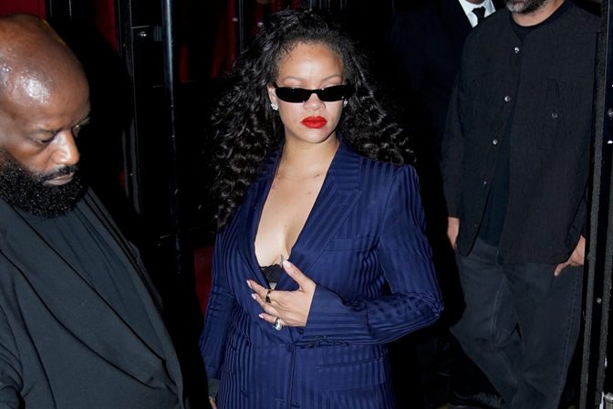 Rihanna Plunging Navy Pinstripe Suit Cleavage Paris Cesar