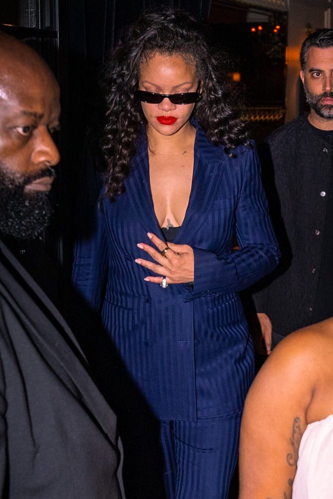 Rihanna Plunging Navy Pinstripe Suit Cleavage Paris Cesar