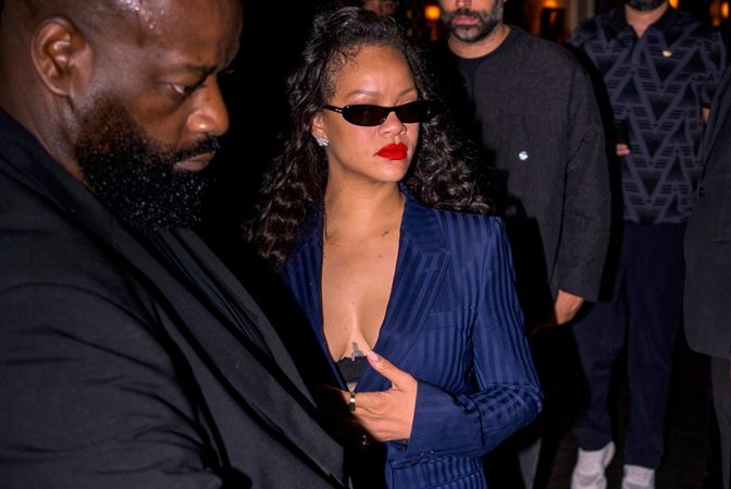 Rihanna Plunging Navy Pinstripe Suit Cleavage Paris Cesar