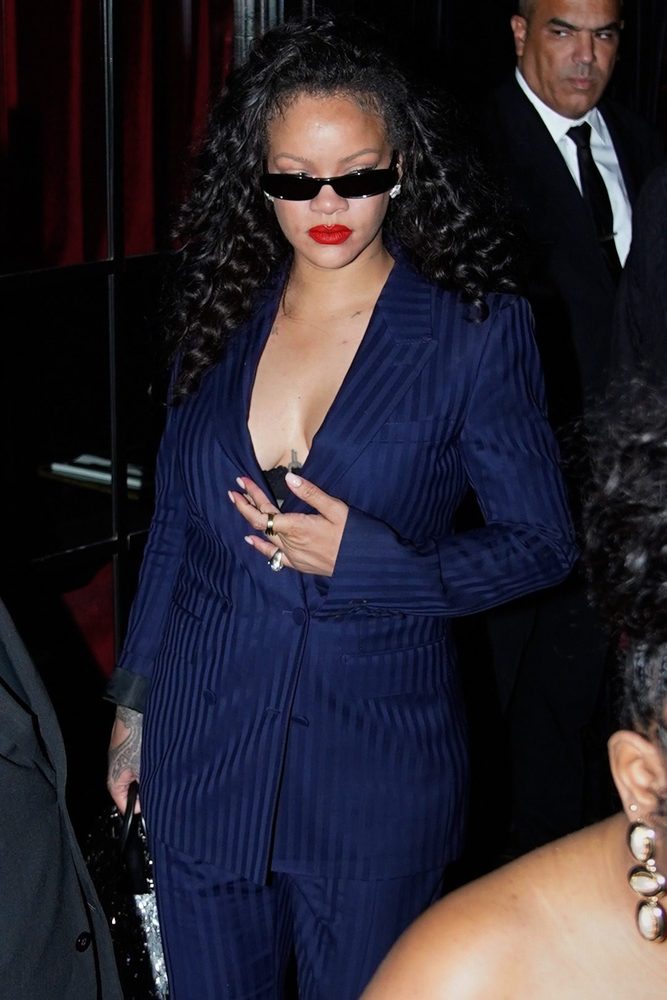 Rihanna Plunging Navy Pinstripe Suit Cleavage Paris Cesar
