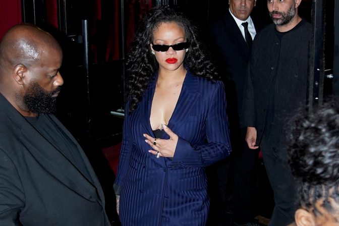 Rihanna Plunging Navy Pinstripe Suit Cleavage Paris Cesar
