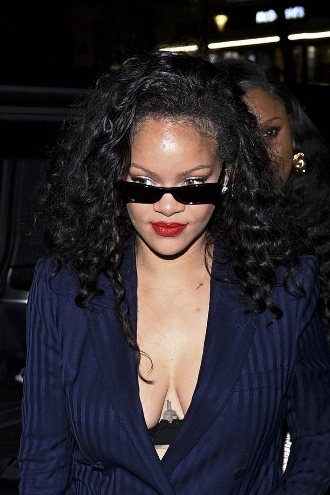 Rihanna Plunging Navy Pinstripe Suit Cleavage Paris Cesar