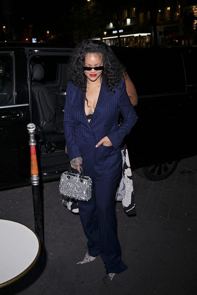 Rihanna Plunging Navy Pinstripe Suit Cleavage Paris Cesar