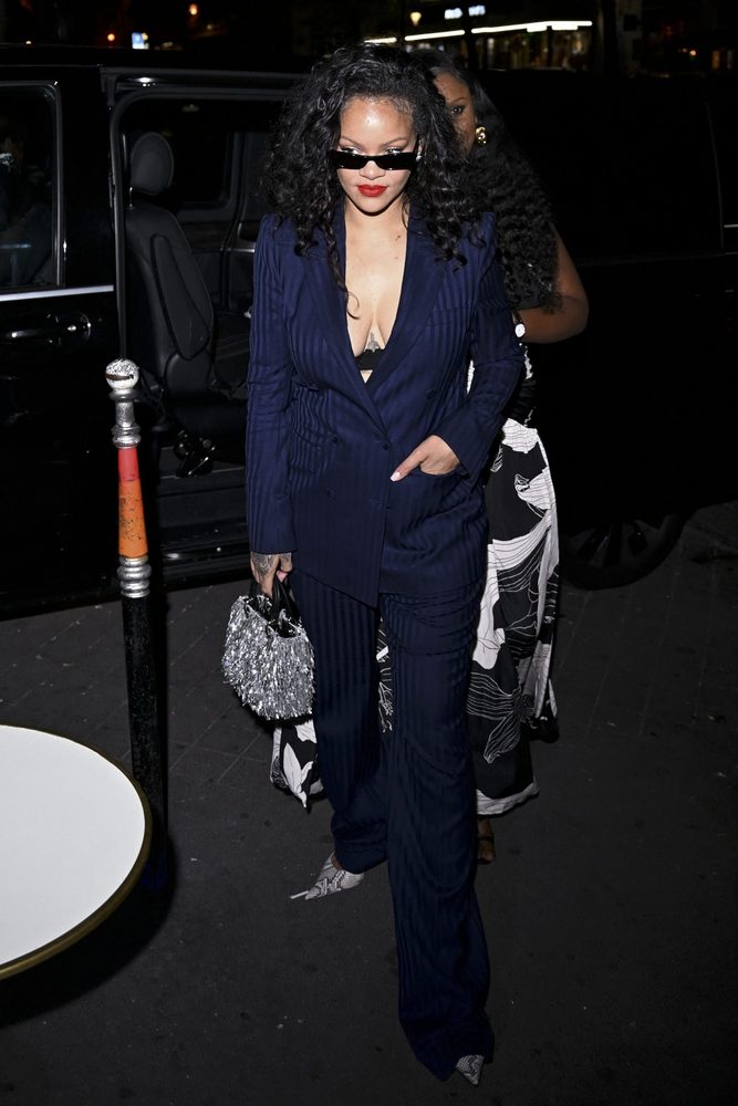 Rihanna Plunging Navy Pinstripe Suit Cleavage Paris Cesar