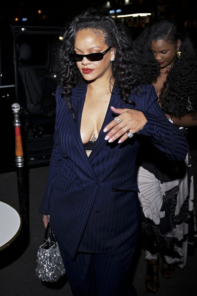 Rihanna Plunging Navy Pinstripe Suit Cleavage Paris Cesar