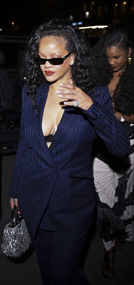 Rihanna Plunging Navy Pinstripe Suit Cleavage Paris Cesar