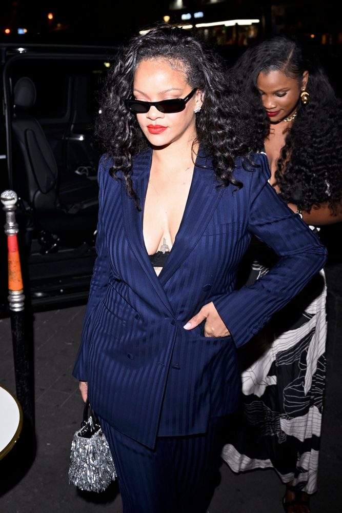 Rihanna Plunging Navy Pinstripe Suit Cleavage Paris Cesar