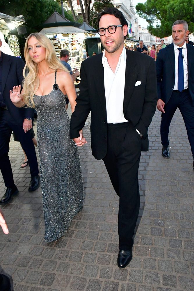 Sydney Sweeney Braless Boobs See Through Sequin Dress Armani Venice