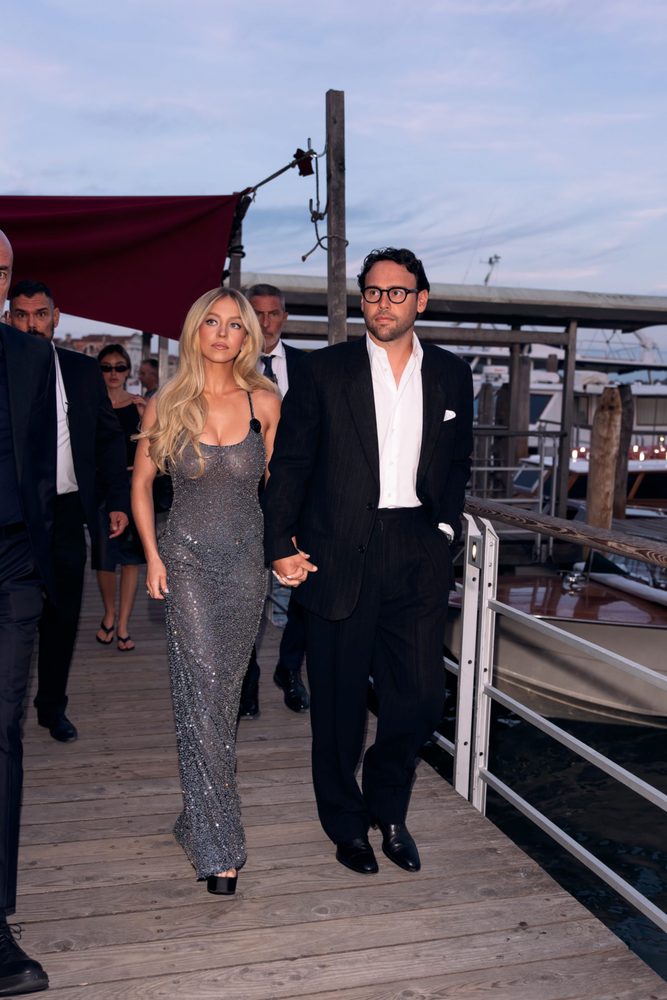 Sydney Sweeney Braless Boobs See Through Sequin Dress Armani Venice