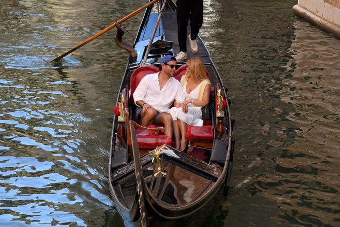 Sydney Sweeney Cleavage Venice Gondola Dress