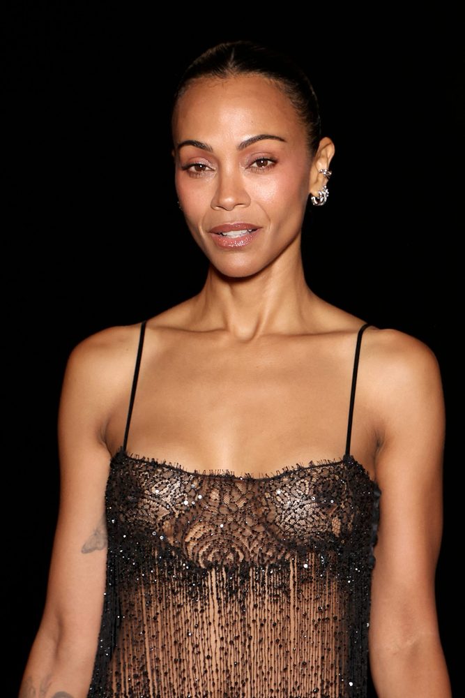 Zoe Saldana Braless Sheer Lace Nipples Saint Laurent Paris