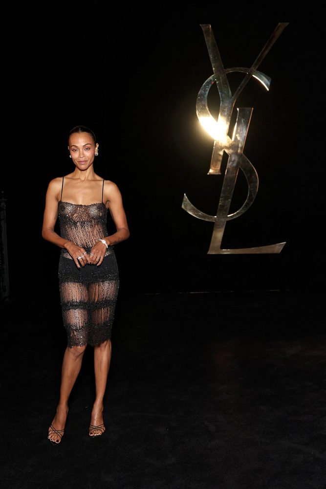 Zoe Saldana Braless Sheer Lace Nipples Saint Laurent Paris